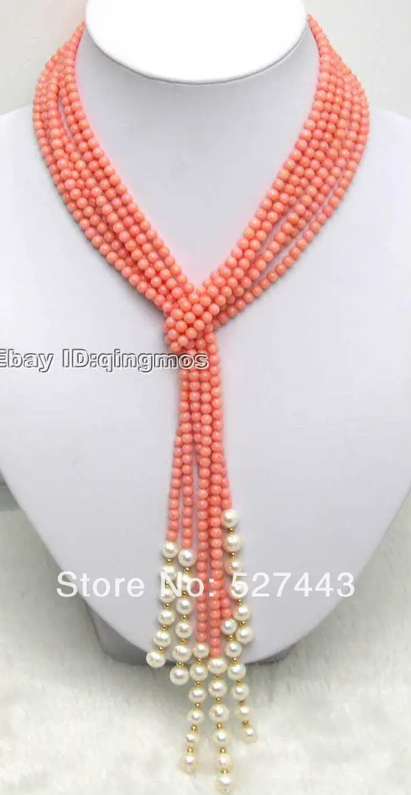 

Wholesale fast 3 Strands 47" Natural Pink Coral & White Pearl Necklace