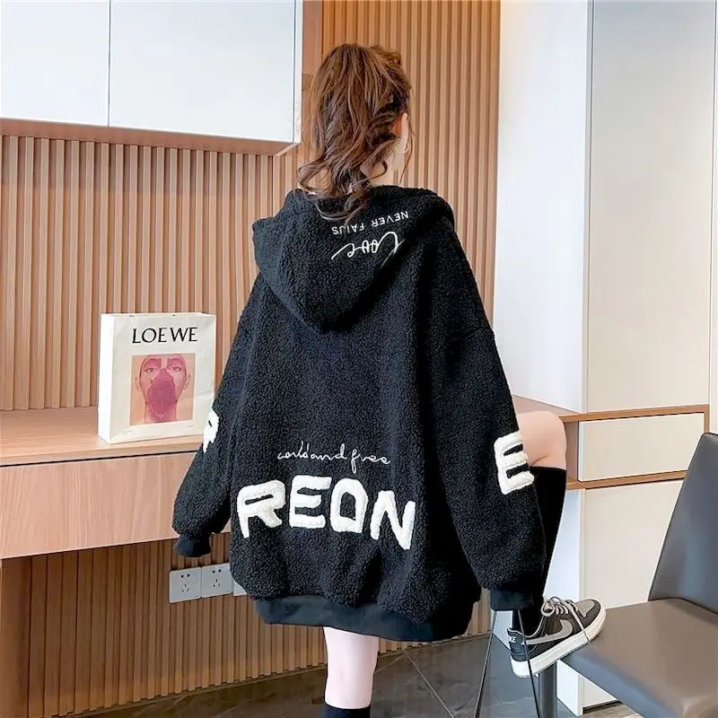 Autumn Winter Plus Velvet Padded Jacket Hooded Coat Women 2024 Loose Versatile Cardigan Zipper Hoodies Imitation Lamb Cashmere