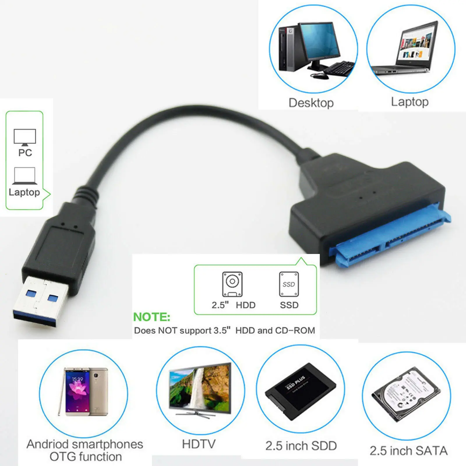 

1pcs USB 3.0 A To SATA 22 Pin Adapter Cable For 2.5" External HDD Hard Disk Drive SSD
