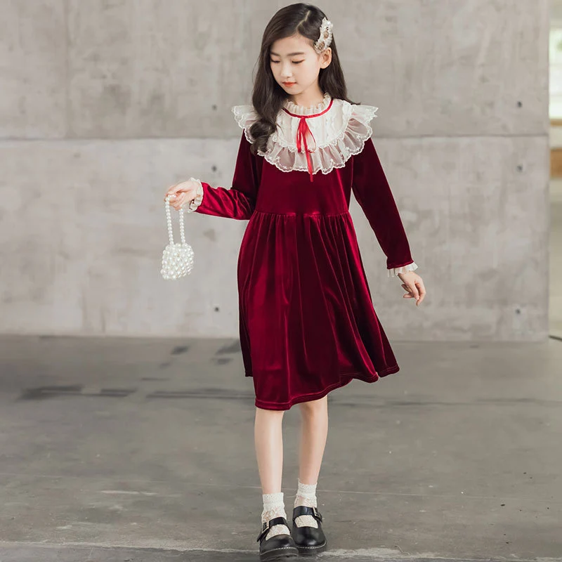 Girls Velvet Dress Lace Patchwork O Neck High Waist Knee Length Lolita Children Dresses Autumn Winter Kids Clothes 6-16 Years