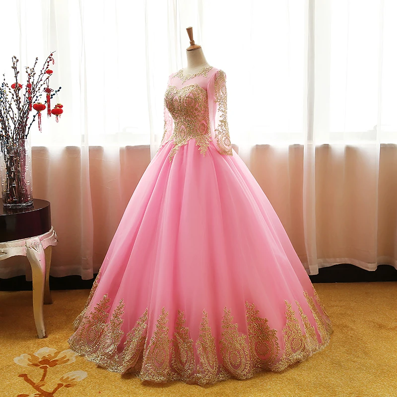 2022 lange Hülse Vintage Spitze Rosa Ballkleid Quinceanera Kleider Vestido De Novia Angepasst Plus Größe Candy Farbe Prom Kleid