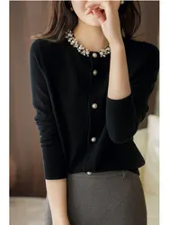 2025 Spring Temperament Light Luxury Beaded Knitted Cardigan Simple Solid Color Sweater For Women