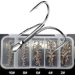 50pcs/lot Treble Fishing Hook In Storage Box Sharpened Treble Hook Barbed Silver Fishhook Size 2/4/6/8/10