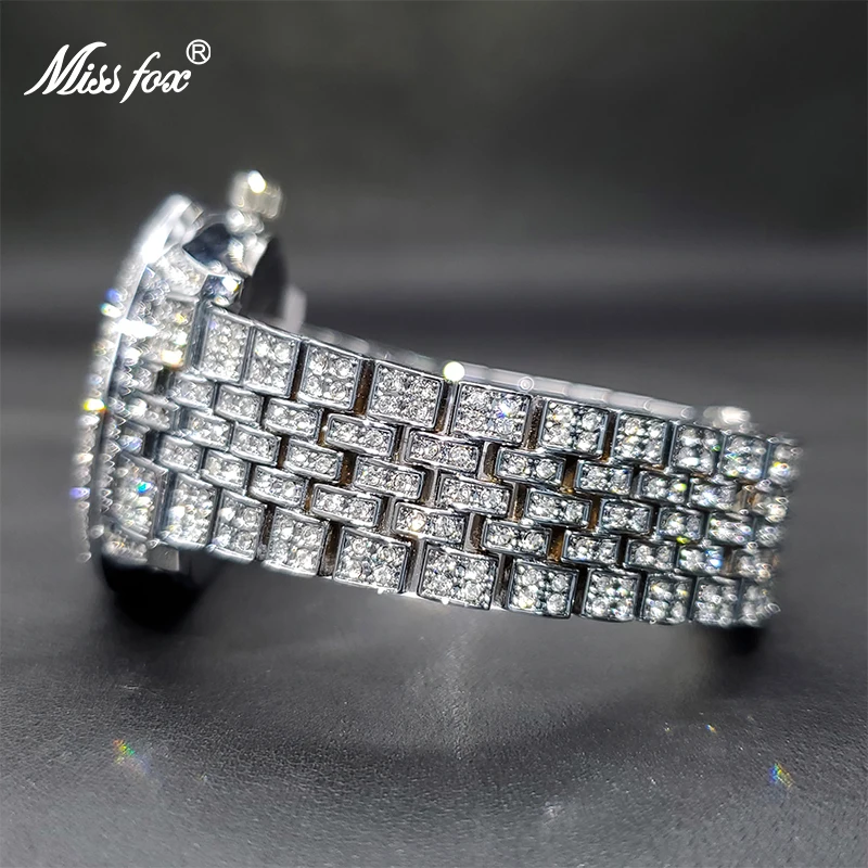 MISSFOX-Relógio de diamante gelado para mulheres, relógios vestido de festa rosa, estilo quente, presente surpresa para senhoras, diamante, luxo