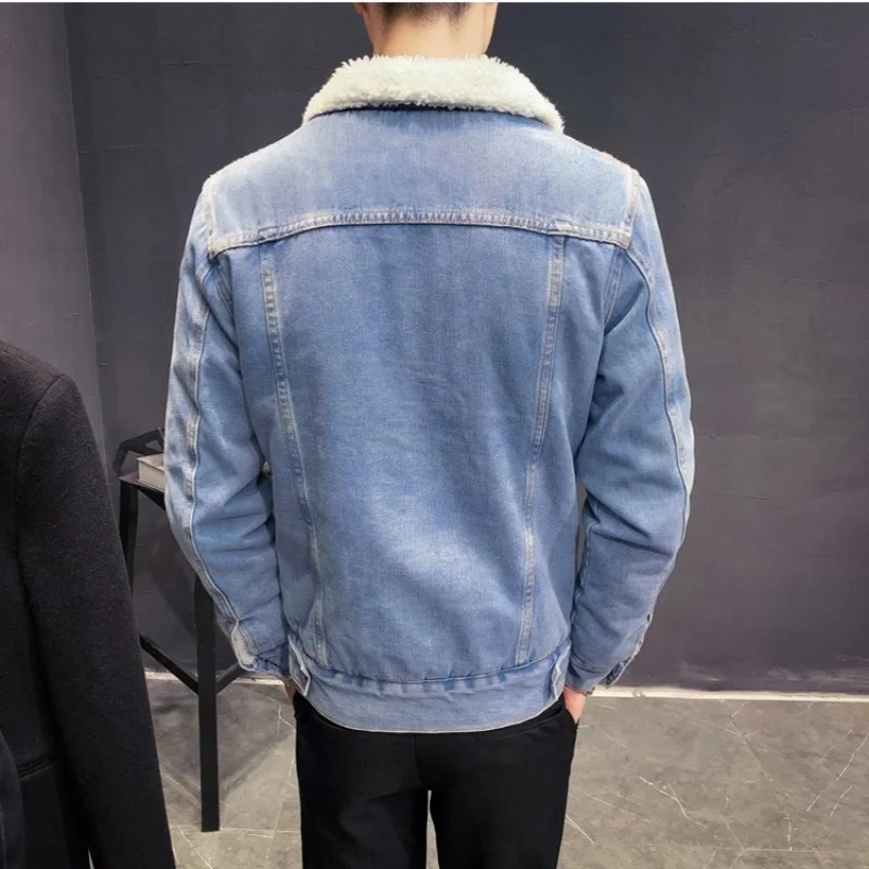 

Men Winter Denim Coat Fleece Lining Casual Single Breasted Jacket High Street Thicken Warm Vintage Black Outwear Oversize 6XL