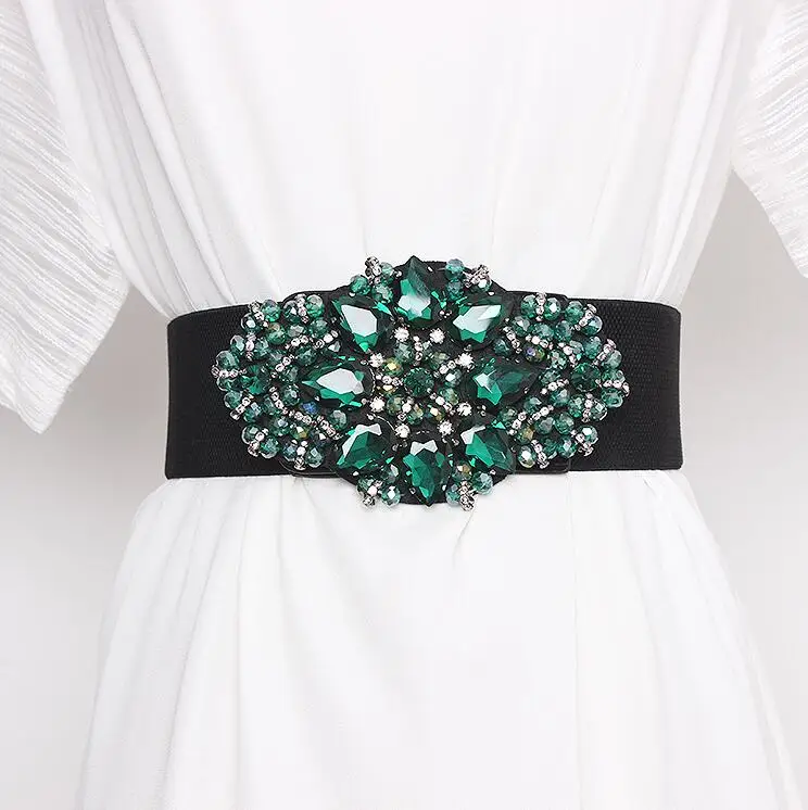 Women's runway fashion rhinestone beaded elastic Cummerbunds female Dress Corsets Waistband Belts decoration wide belt R2986