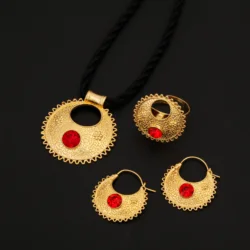 Blue Red Green Stone Ethiopian Pendant Necklaces Earrings Ring Gold Color Africa Bride Wedding Jewelry Set