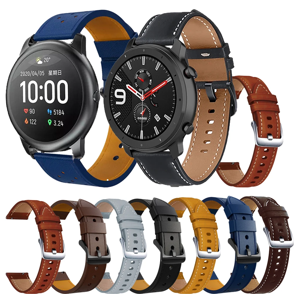 حزام (استيك) ساعة 22 مللي متر جلد طبيعي حزام ل Huami Amazfit GTR 47/2/2E حزام ساعة اليد بدائل ل Haylou الشمسية LS05 الذكية حزام