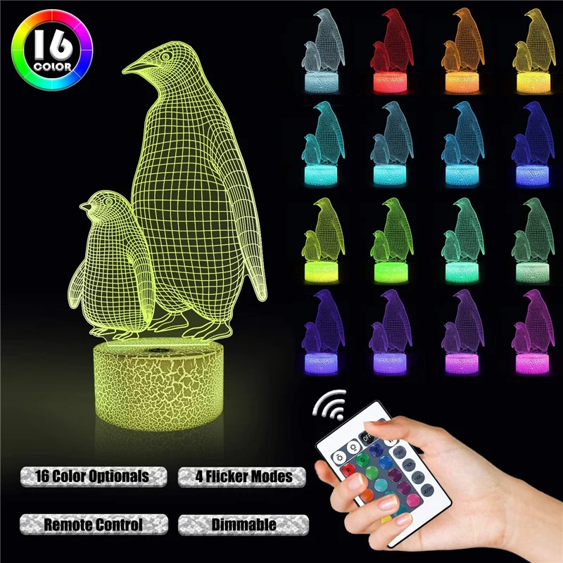 Penguin 3D Lamp for Kids 16 Colors Changing Illusion Animal Night Light Child Bedroom Decor Cool Birthday Gifts for Boy Girl