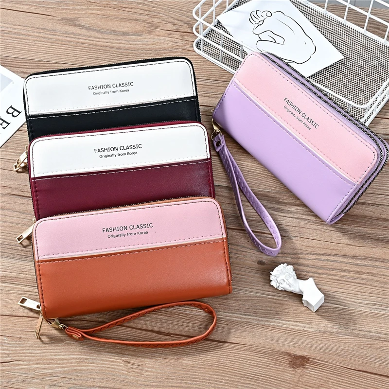 Women's Long Splicing Coin Wallet Made of Leather High Capacity Double Zipper Card Holder Female Wristband Purses Clutch Bag