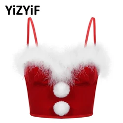 Women Flannel Corset Christmas Costume Bustier Underwired Bra Crop Top Faux Fur Trimming Fuzzy Ball Decor Tank Cropped Vest Tops