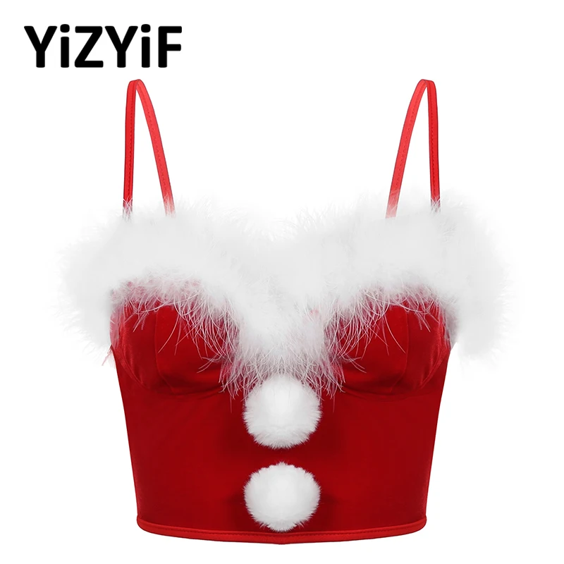 Women Flannel Corset Christmas Costume Bustier Underwired Bra Crop Top Faux Fur Trimming Fuzzy Ball Decor Tank Cropped Vest Tops