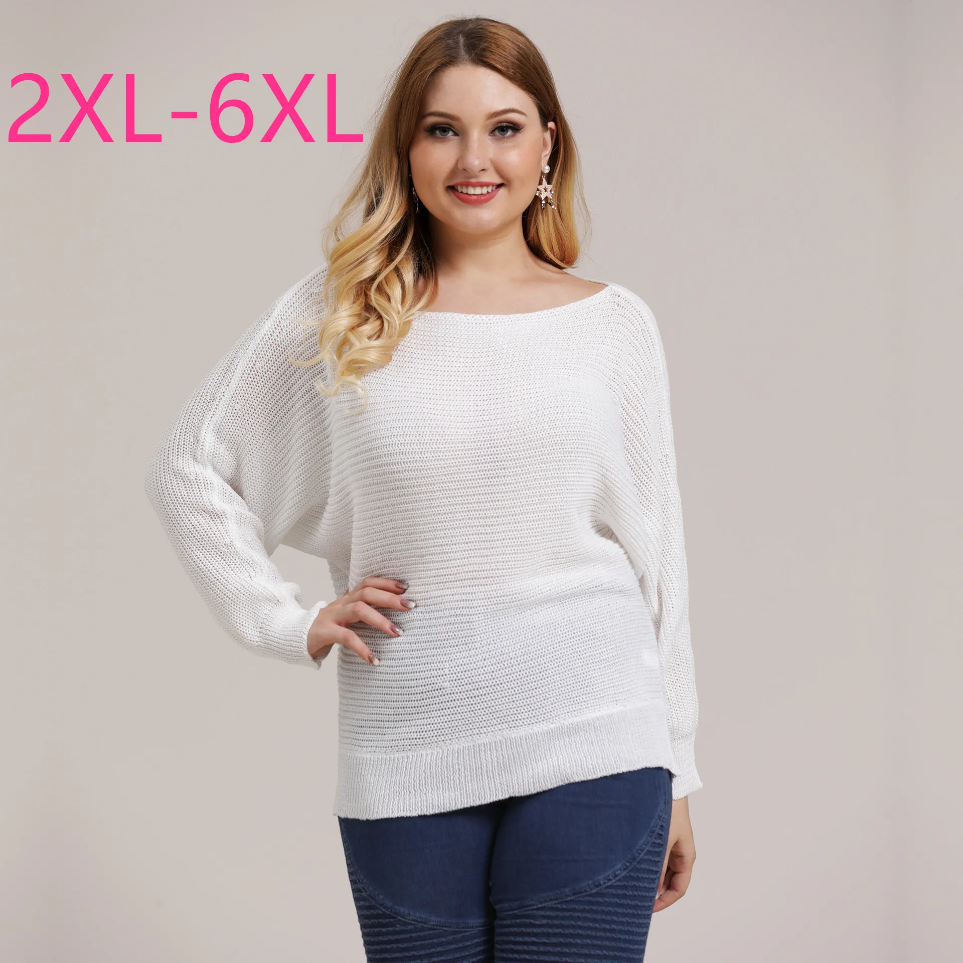 New 2021 Spring Autumn Plus Size Knit Tops For Women Large Long Sleeve Loose Thin White Gray Pullover Sweater 3XL 4XL 5XL 6XL