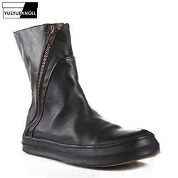 Vintage Stile Britannico di Inverno del Cuoio Genuino di Nuovo Modo di Tacco Medio Punta Rotonda Moto Biker Uomini Matin Stivali Scarpe Maschili Calzature