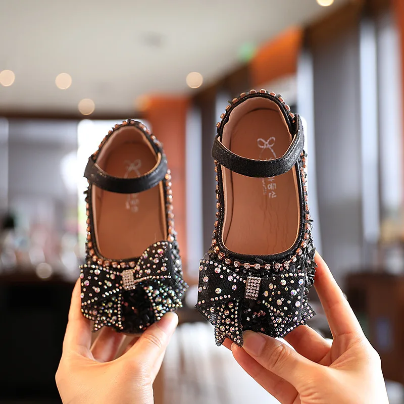 Girl Dress Shoes For Princess Little Girls Wedding Party Shoes Kids Fashion Rhinestones Bow Leather Shoes 3 4 5 6 7 8 9 10 11 12