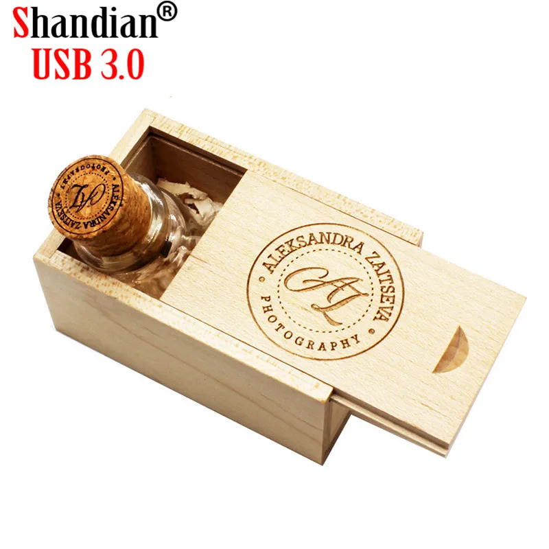 

SHANDIAN USB 3.0 drifting bottle usb with wooden box USB wishing bottle cork 4GB 16GB 32GB 64G wedding gift Free custom logo