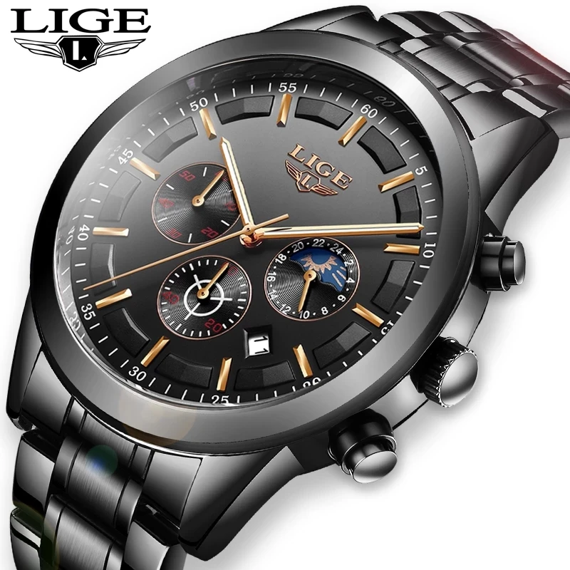 LIGE Fashion Sport Quartz Man Watch Top Brand Luxury Business Clock Watches for Men Waterproof Chronograph Relogio Masculino+Box