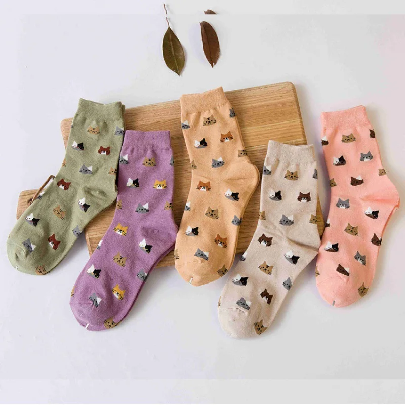 5 Pairs/Lot Cute Cartoon Pure Cotton Women Socks Harajuku Fashion Colorful Cat Heads Korean Kawaii Girls Socks Set Chaussettes