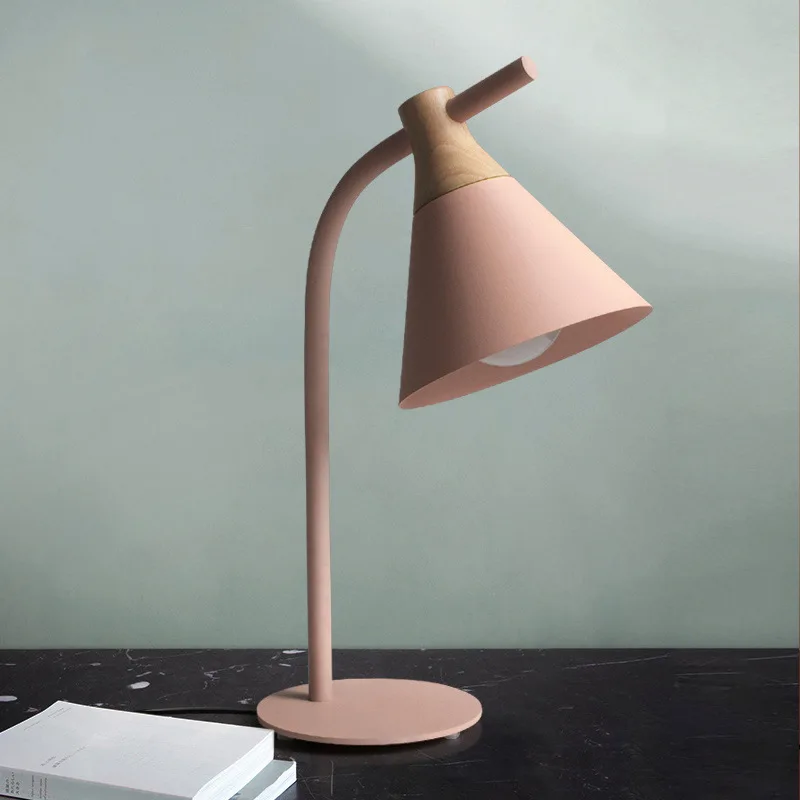 Modern Simple Iron Wood LED Table Lamp  E27 Pink Desk Lamp Yellow Green Gray For Study Bedroom Parlor Bookstore Hotel With Plug