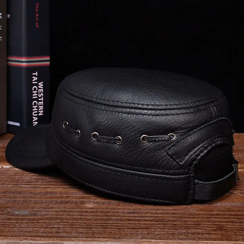 HL081 Brand New Winter Warm Real Cow Leather Caps Men\'s Genuine Leather Baseball Hat