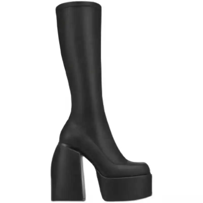 Punk Style Platform Boots Elastic Microfiber Shoes Woman Spice Ankle Boots High Heels Black Thick Platform Long Knee High Boots