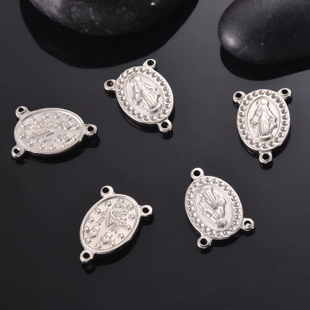 10Pcs/Lot Stainless Steel Charms Pendant Three Hole Rosary Connector Miraculous Medal Center Pendant For Jewelry Makings