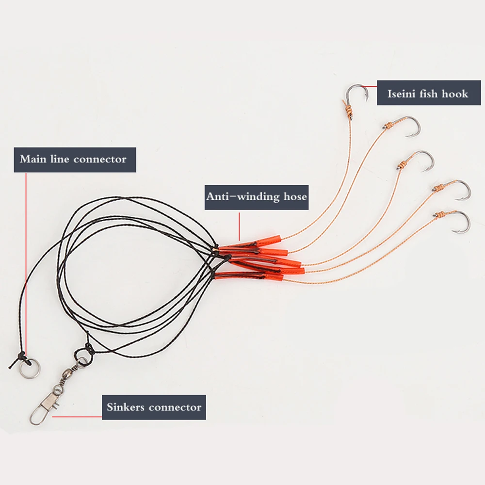 5er-Pack Hochkarbon-Stahl-Angelschnur mit 5 Einzelhaken, Wirbelködern und Bleigewichten für Meeresangeln – Pesca 3 # -13 # – Detail 5
