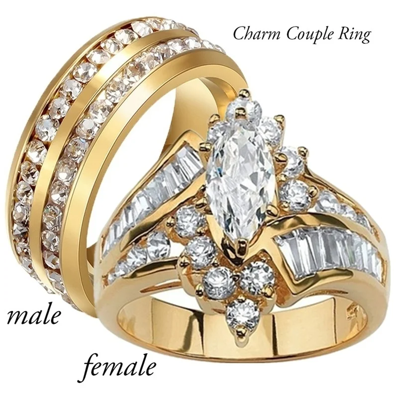 Fashion Couple Rings Women Marquise Cut Crystal CZ Ring Men's Two Rows CZ Stone Stainless Steel Ring Fashion Jewelry For Lovers