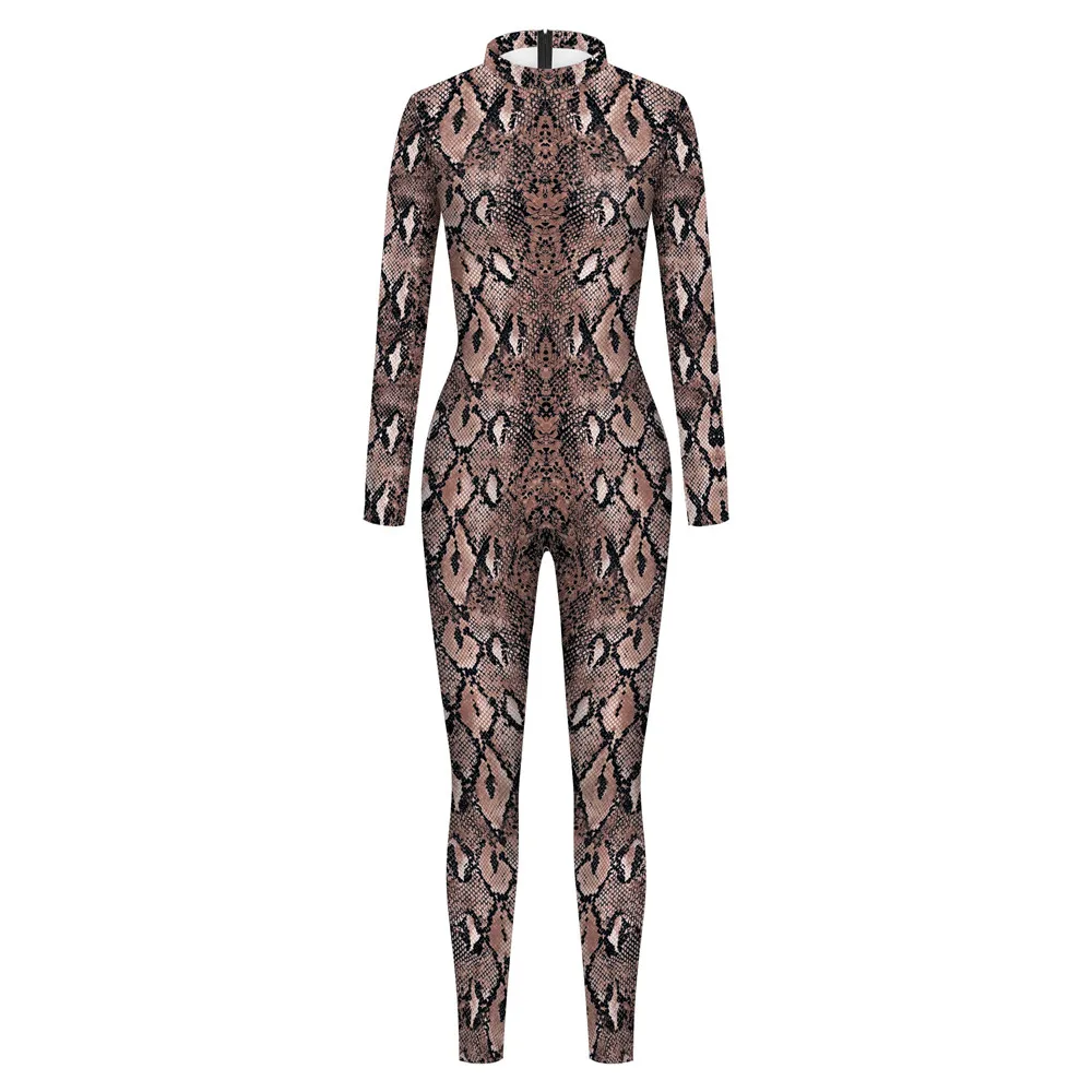 FCCEXIO 2021 New Women\'s Jumpsuit Sexy Snake Printed Romper Bodycon Female Body Outfits Party Bodysuit Cosplay Costumes