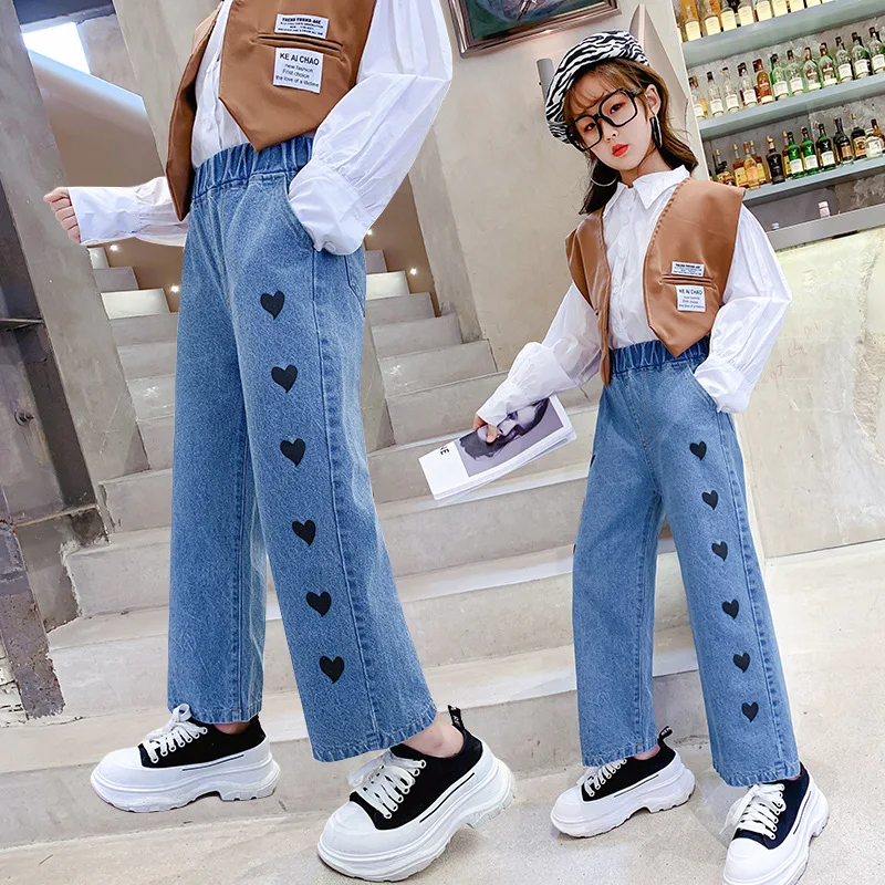 

2022 New Girls' Spring And Autumn Printed High Waist Retro Hong Kong Style Fashionable All-Match Love Wide Leg Jeans