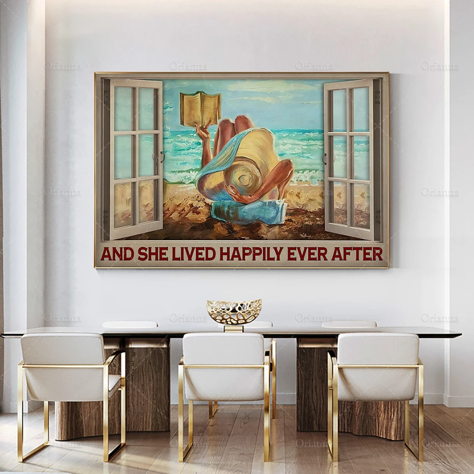 And She Lived Happily Ever After Poster, Ocean Lovers Wall Art, Girl Reads Books, Quarantine Time, Traveling Art PrintVacation