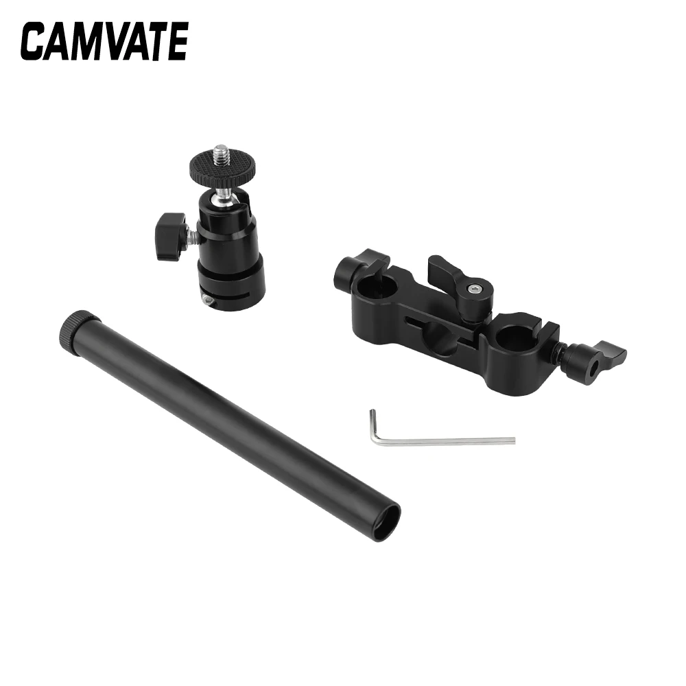 CAMVATE Pegangan Kepala Bola Putar 360 ° dengan Dudukan Ulir Jantan 1/4 "-20 + Penjepit Batang 15Mm + Batang 15Mm untuk Monitor, Lampu Kilat, Lampu Video