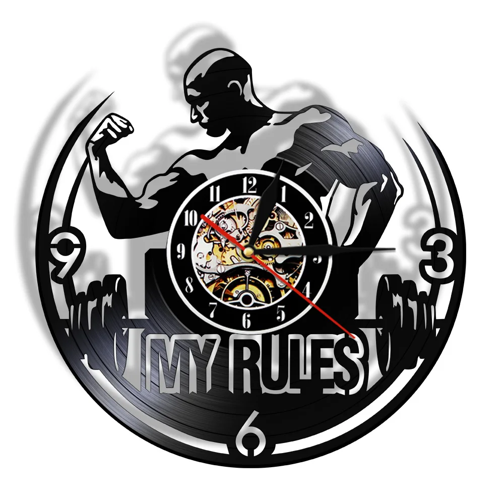Reloj de Pared de Vinilo Motivacional con la Frase 'My Rule', Reloj de Pared para Gimnasio, Culturismo, Fitness, Hombre Musculoso, Regalo para Fisicoculturista