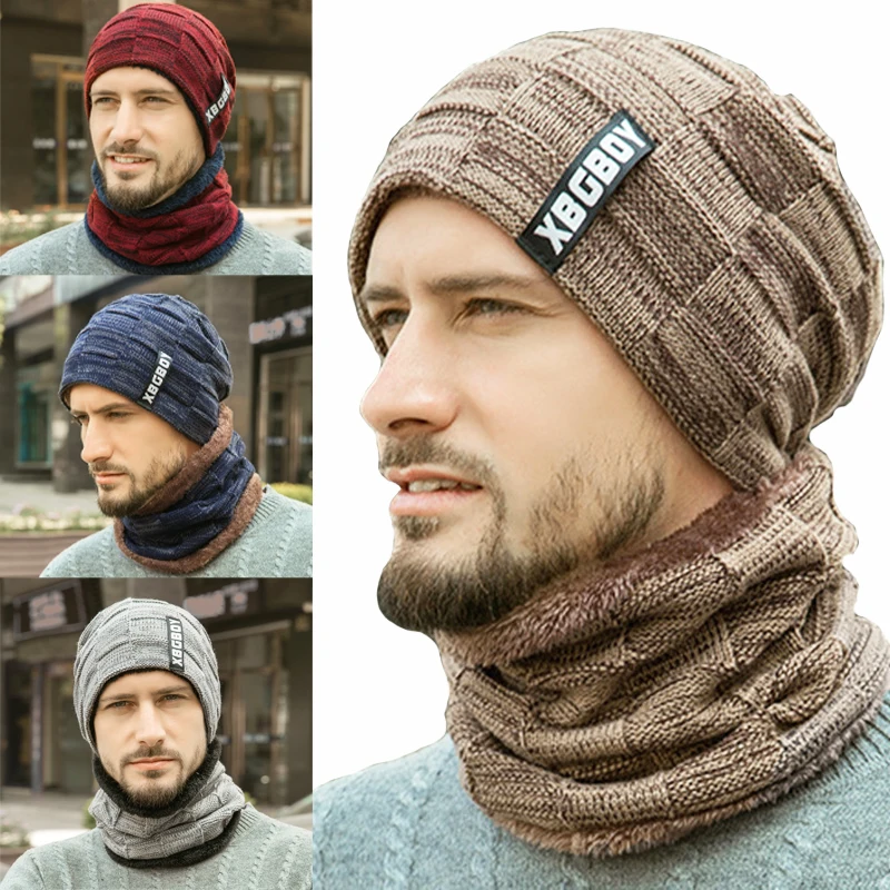 Men's Knitted Hat with Velvet Padded Wool Beanie Hat Neckband Plus Fleece Thick Wool Cap Winter Knitting Cap