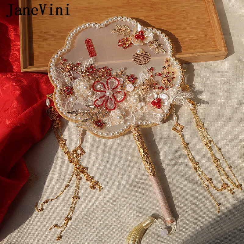 JaneVini Neue Luxus Gold Braut Bouquets Fan Künstliche Spitze Blumen Perlen Quasten Perlen Chinesische Metall Fan Hochzeit Zubehör