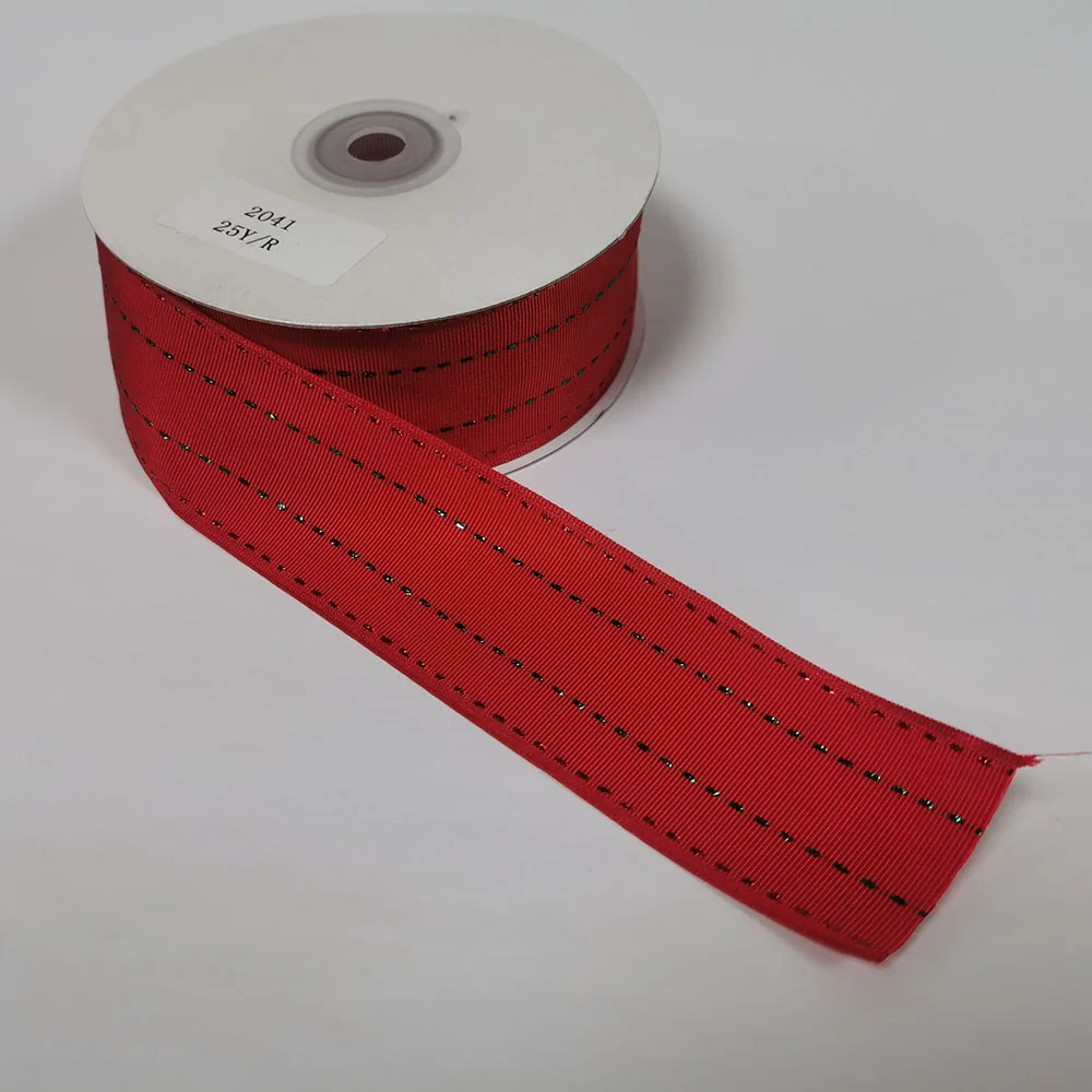 

38MM 25yards Wired Edge Red Grosgrain Ribbon W/Green Stitches Lines for Festival Christmas Decoration New Year Gift Wrapping