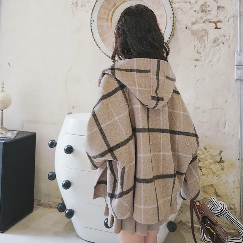 Mieszanki Kobiety Młody Tender Plaid Design Hooded Warm Winter Street Wear Loose Fashion Casual Ulzzang Harajuku Y2k Simple Daily Ins