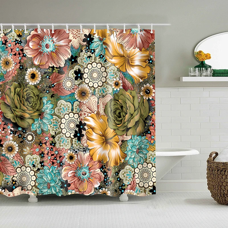 3D Flowers Pattern Shower Curtains Vintage Bath Curtain With Hooks Polyester Fabric Cloth Printing Curtain for Bathroom cortinas