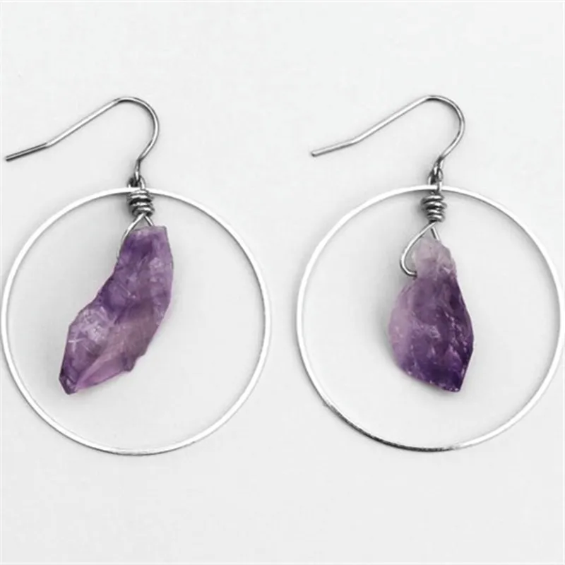 purple crystal Hoop Earrings Raw Crystal natural stone Silver colour Modern Boho Minimalist Circle 2020 new fashion women gift