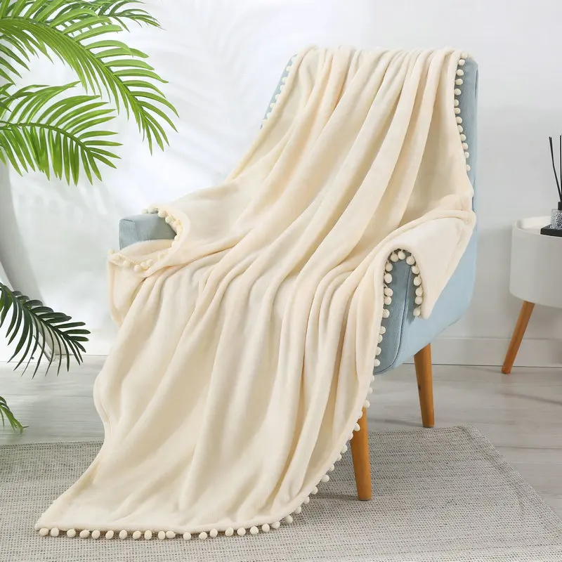 

Flannel Blanket with Tassel Ball Air-conditioner Blanket Office Nap Blanket Solid Color Flannel Ball Blanket Sofa Coral Blankets