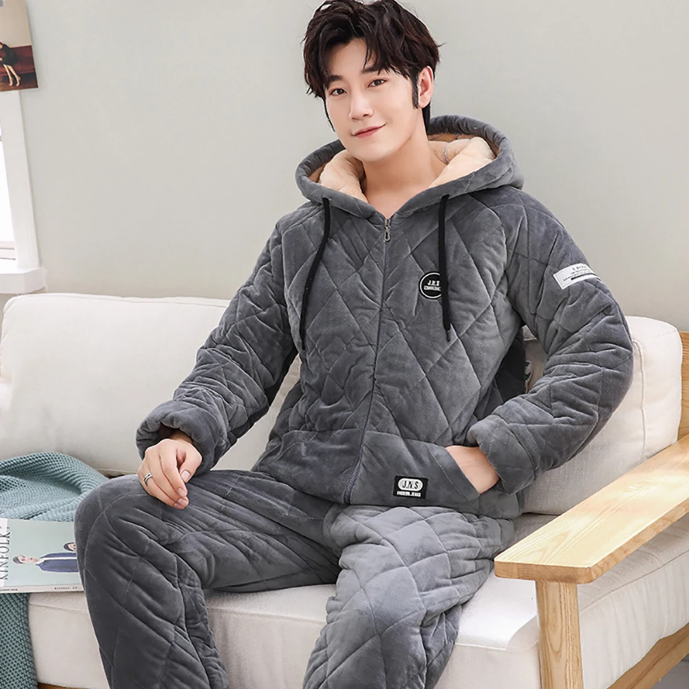 Men\'s Pajama Sets Winter Flannel Pajamas Trendyol Hooded Sleepwear Thick 3-layer Cotton Big Size Pajamas for Men Loose Home Wear