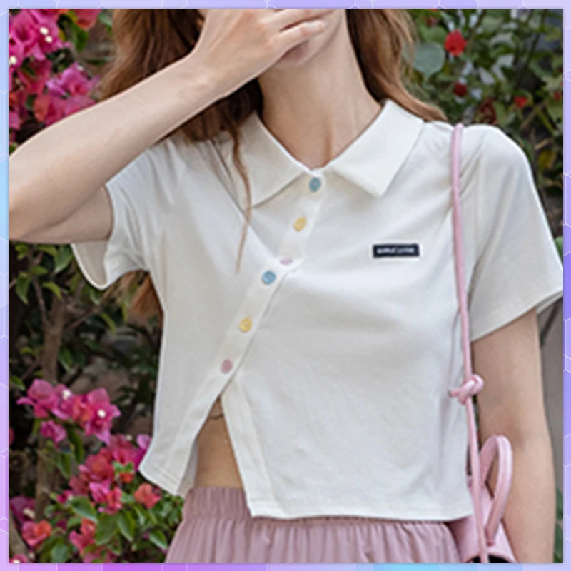 Solid Crop Top Female Polo Oversized T-shirt Women's Tee Shirt Summer Short Sleeve T-Shirt Vintage Clothes Top Cropped Tops