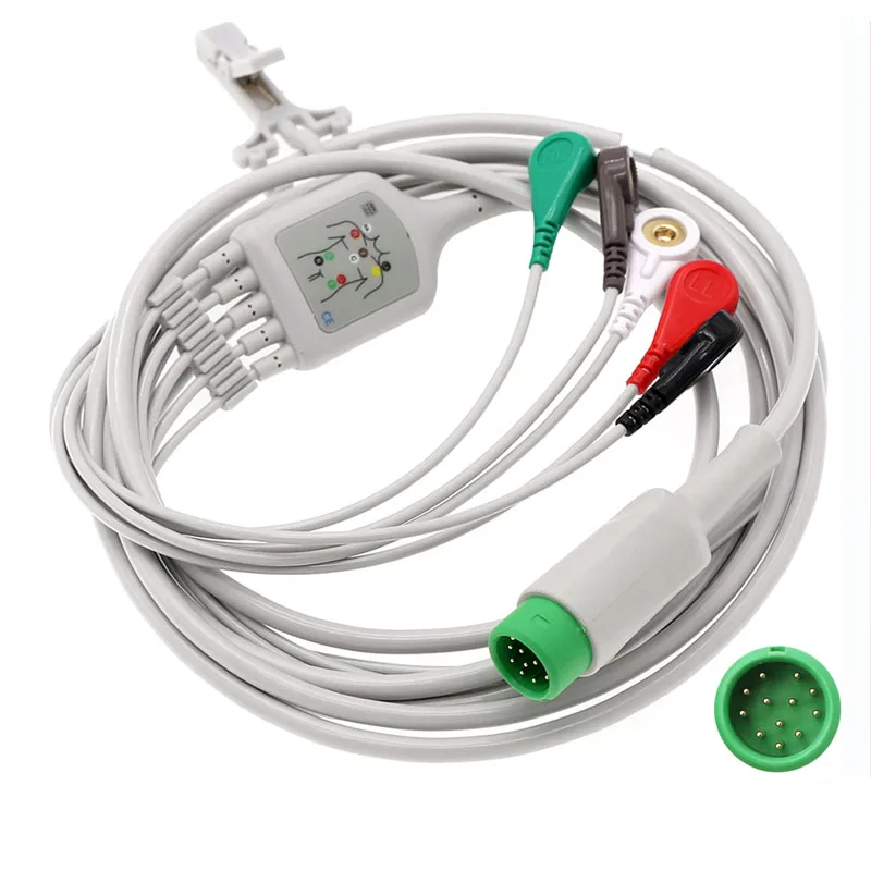 Compatible 5 Lead/3 Lead AHA Clip/Button ECG Cable For Comen C30 50 60 70 80 90 Patient Monitor 12pins