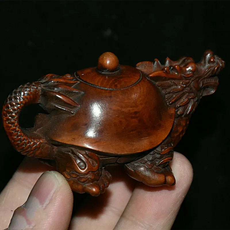 

Collect Chinese Boxwood Wood Hand Carving Dragon Turtle Teapot Shape Statue Set Home Accessories Figurines Collection Ornaments