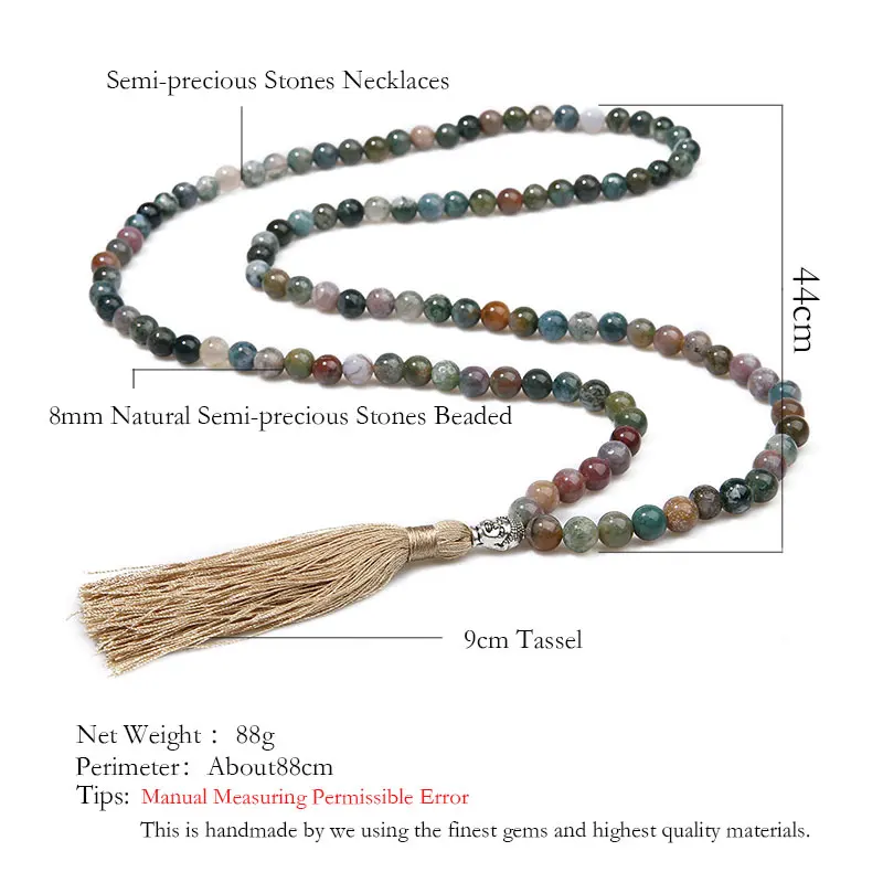 8mm Natural Indian Agate Beaded Buddha Head Necklace 108 Japa Mala Meditation Yoga Peaceful Jewelry Men\'s and Women\'s Amulet