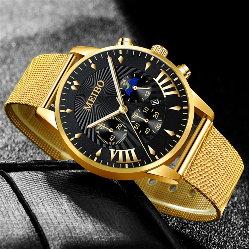 

2023 New Men Watches Luxury Men Stainless Steel Mesh Calendar Watch Men Business Leather Strap Quartz Watch Relogio Masculino