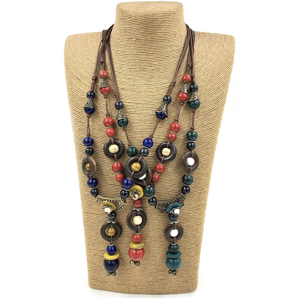 Vintage Ethnic Colorful Ceramic beads pendant Necklace Adjustable Knotted Long pendant necklace for Women gift