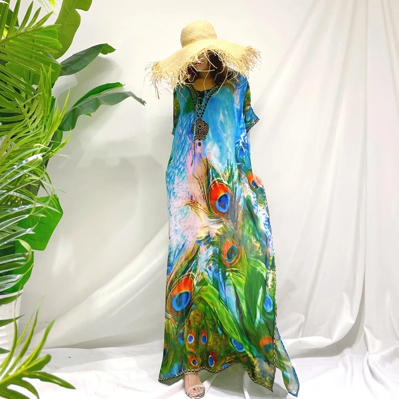 

Chiffon Kaftan For Summer Semi Sheer Peacock Feather Print Green Ankle Length MaxiDress Women Wild Life Caftan Long Resortwear