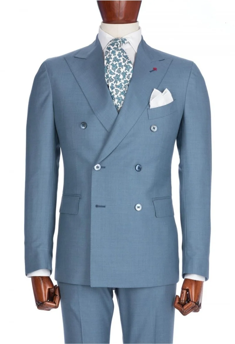 Zwei Stücke Männer Anzüge Royal Blue Maß Männer Anzüge Zweireiher Smoking Erreichte Revers Blazer Business Mantel + Hose