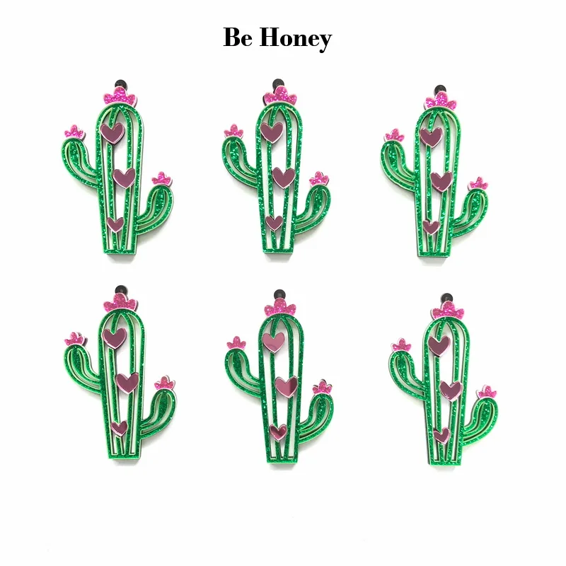 

(10pcs) Acrylic Laser Cut Cactus For Earrings Necklace Mirror Heart Green Glitter Cactus For Jewelry DIY Accessories